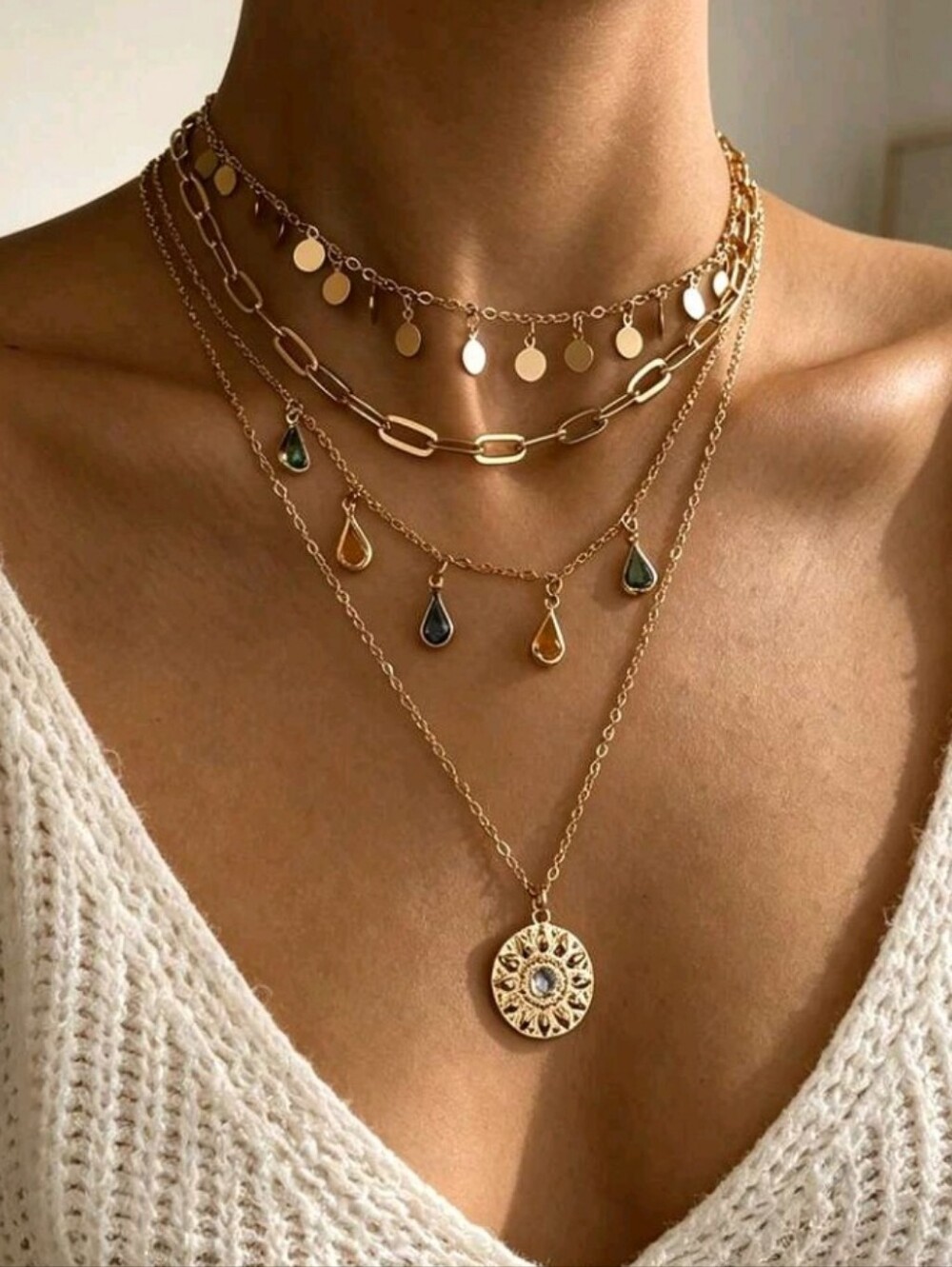 NEW! Gold Layered Multi-Color Teardrop Gemstones & Disc Charms Pendant Necklace